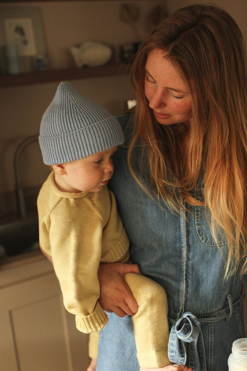 Czapka z wełny merino Beanie Fonzie Kids Light Blue - Hvid
